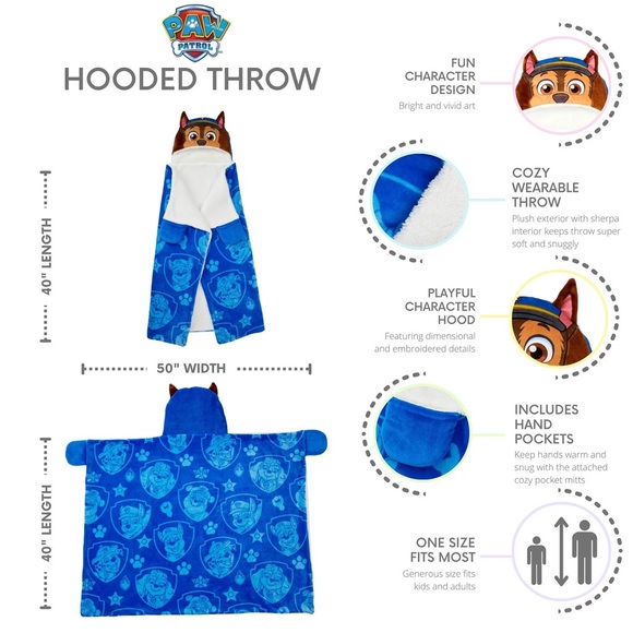 Paw Patrol 40x50 Hooded Throw, Plush with Sherpa Lining - Picture 7 of 8